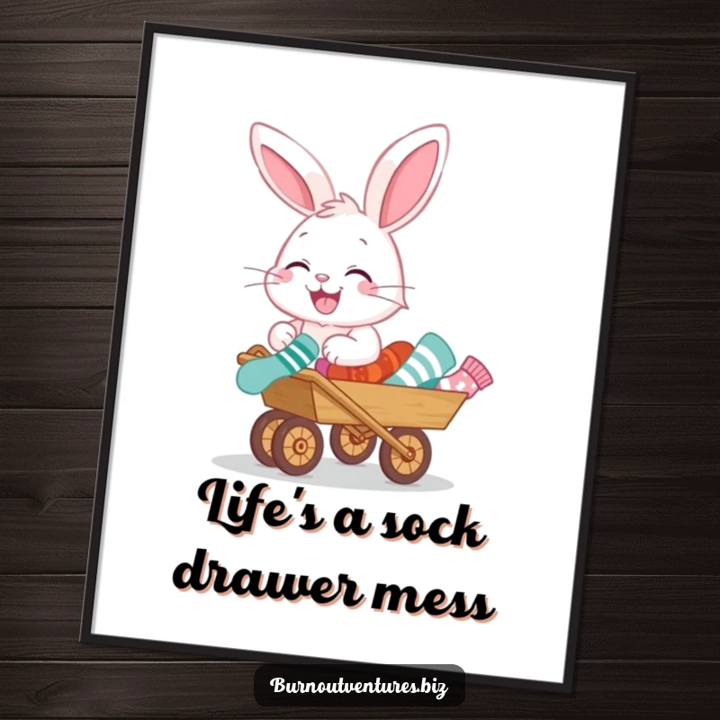 Funny Free Printable Wall Art: A giggling bunny gleefully pushes a tiny wheelbarrow filled with mismatched socks, a whimsical scene.