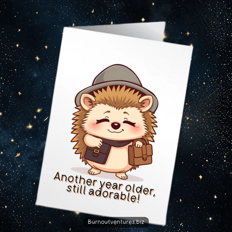 Funny Free Printable Birthday Card: Tired hedgehog in a hat with briefcase, a humorous DIY birthday card.