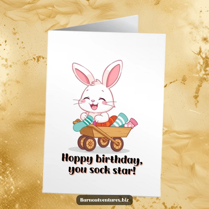 Funny Free Printable Birthday Card: Giggling bunny gleefully pushes wheelbarrow full of mismatched socks, celebrating with silliness.