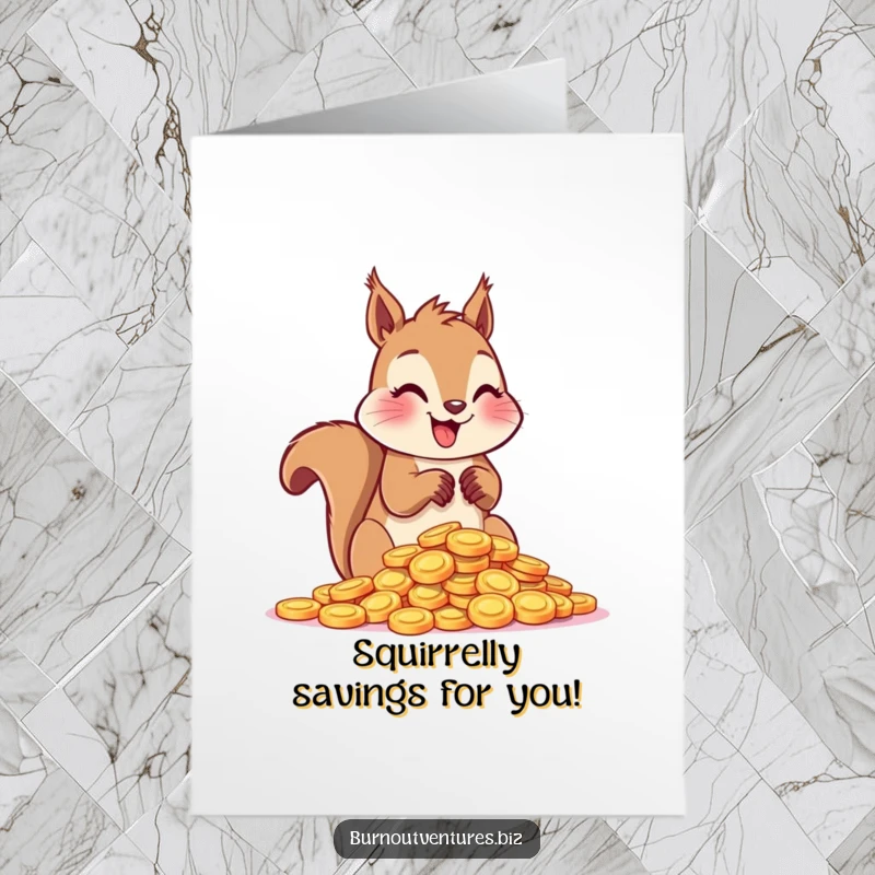 Funny Free Printable Birthday Card: Happy squirrel gleefully counting a huge pile of shiny tokens, ready for celebration.