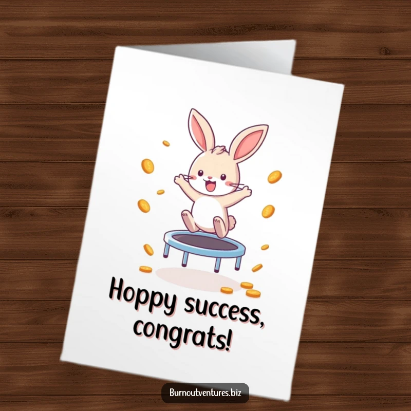 Funny Free Printable Congrats Card: A joyful bunny bounces high on a trampoline, scattering coins in celebration.