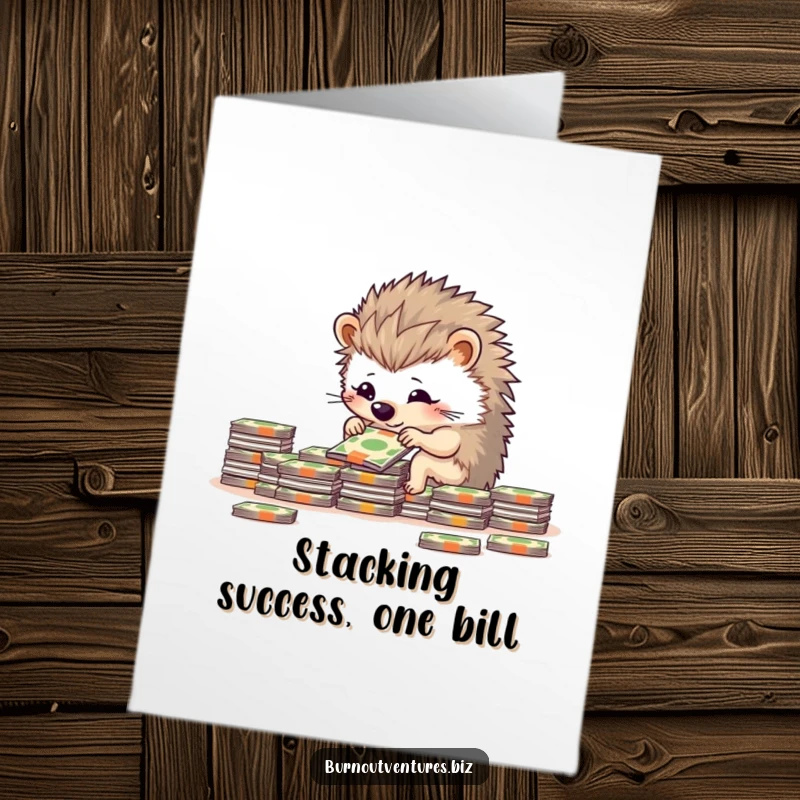 Funny Free Printable Congrats Card: Focused hedgehog neatly stacking small bills, symbolizing successful financial achievements.