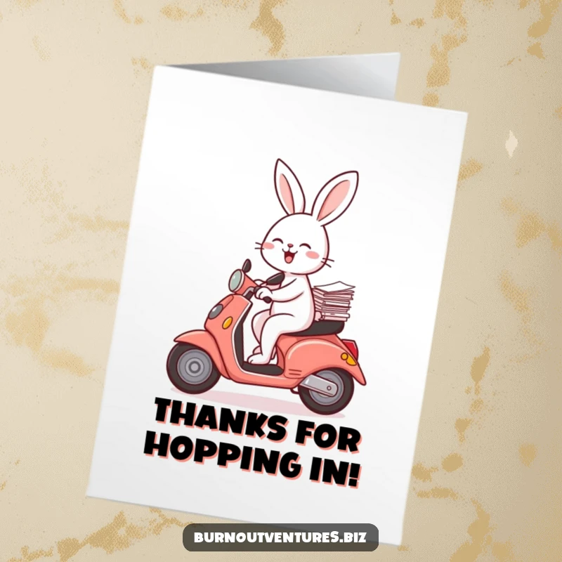 Funny Free Printable Thank You Card: A joyful rabbit balances papers while riding a scooter, symbolizing quick service.