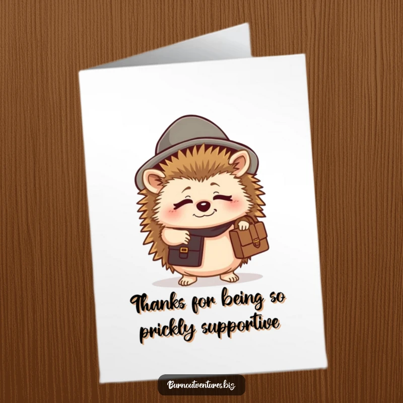 Funny Free Printable Thank You Card: Happy but tired hedgehog in hat with briefcase, a humorous DIY thank you.