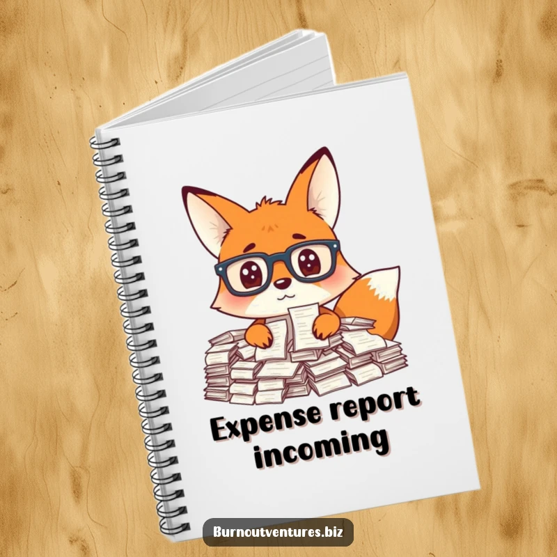 Funny fox with glasses looking overwhelmed by receipts, on a notebook, ideal for a funny gift and note-taking.