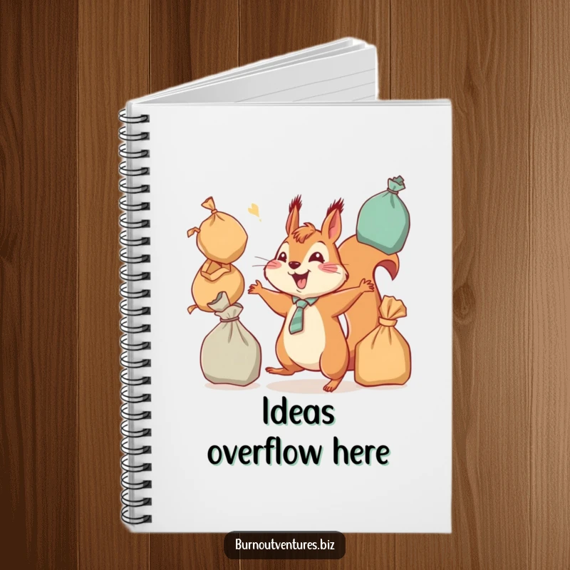 Funny squirrel with a tie, juggling bags, on a notebook cover, ideal for a funny gift and note-taking.