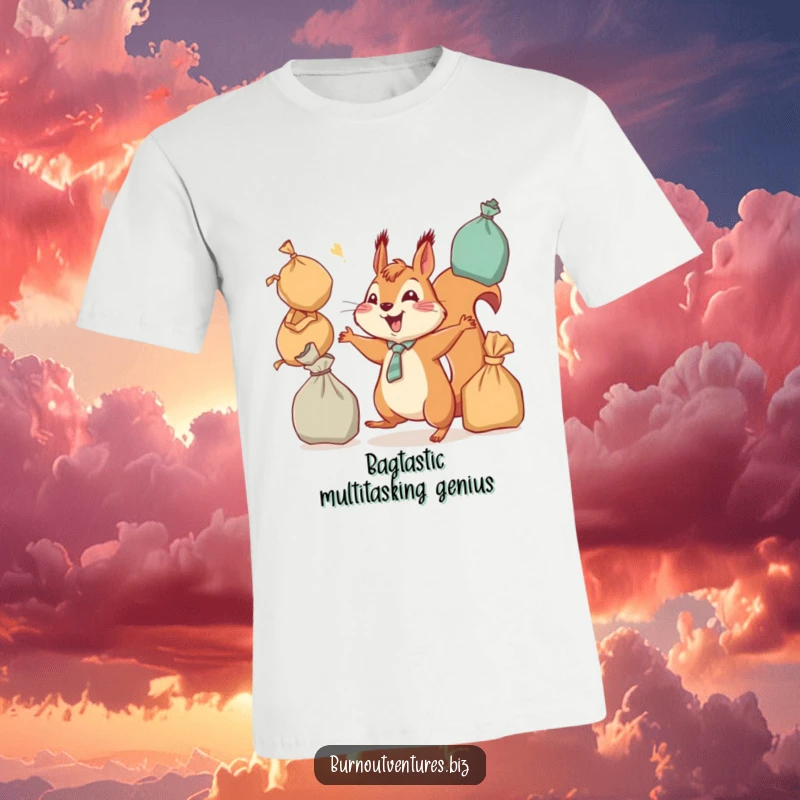 Funny squirrel wearing a tie, juggling many overflowing bags, detailed illustration on a t-shirt, ideal for a funny gift.