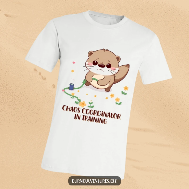 Funny T-shirt with a worried otter losing its balance on a miniature garden hose, scattering tiny flowers, a comical scene.