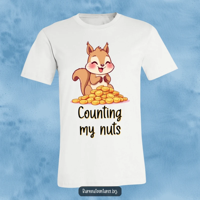 Funny squirrel gleefully counting shiny tokens with its paws on a t-shirt, depicting a joyful collector.