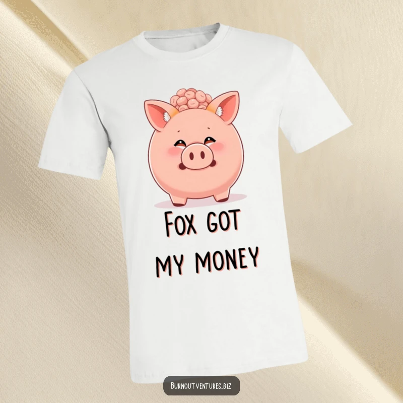 Funny fox cub emerging from a full piggy bank on a t-shirt, expressing playful financial humor and love for savings.