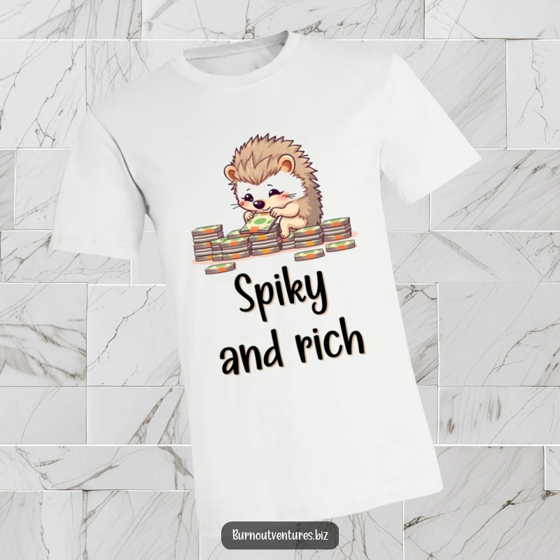 Funny determined hedgehog carefully stacking miniature bills into neat piles on a t-shirt, symbolizing organized finance.