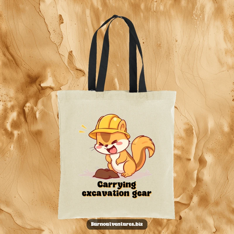 Funny squirrel tote bag with a hard hat, digging a hole, a practical and humorous accessory.