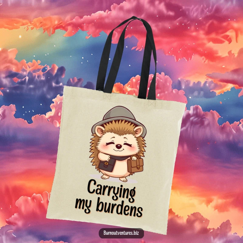 Funny hedgehog tote bag showing a tired creature in a tiny hat holding a briefcase, perfect for a funny gift.