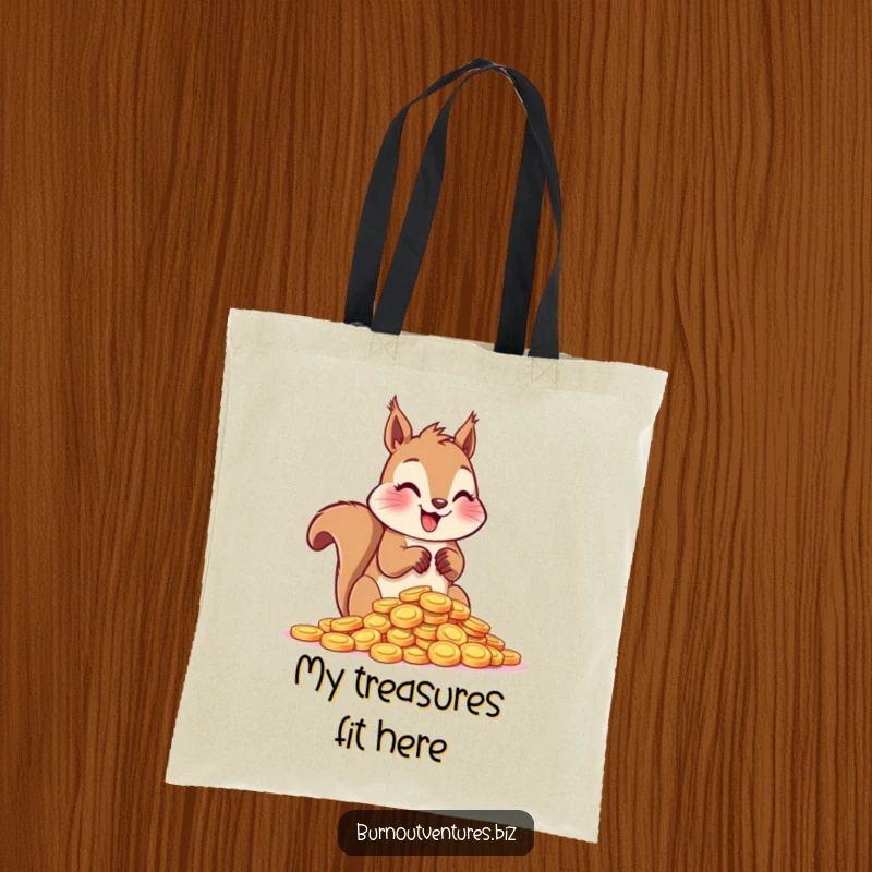 Funny squirrel joyfully counting shiny tokens with its paws on a tote bag, representing a passionate collector.