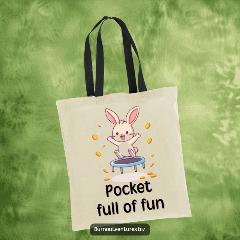 Funny Bunny Tote Bag: A playful bunny enthusiastically bounces on a tiny trampoline, scattering coins, perfect for carrying essentials with humorous ambition.
