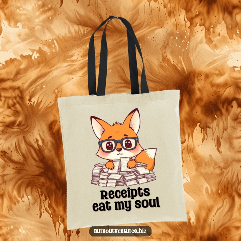 Funny fox with glasses surrounded by countless receipts, on a practical tote bag, excellent funny gift.