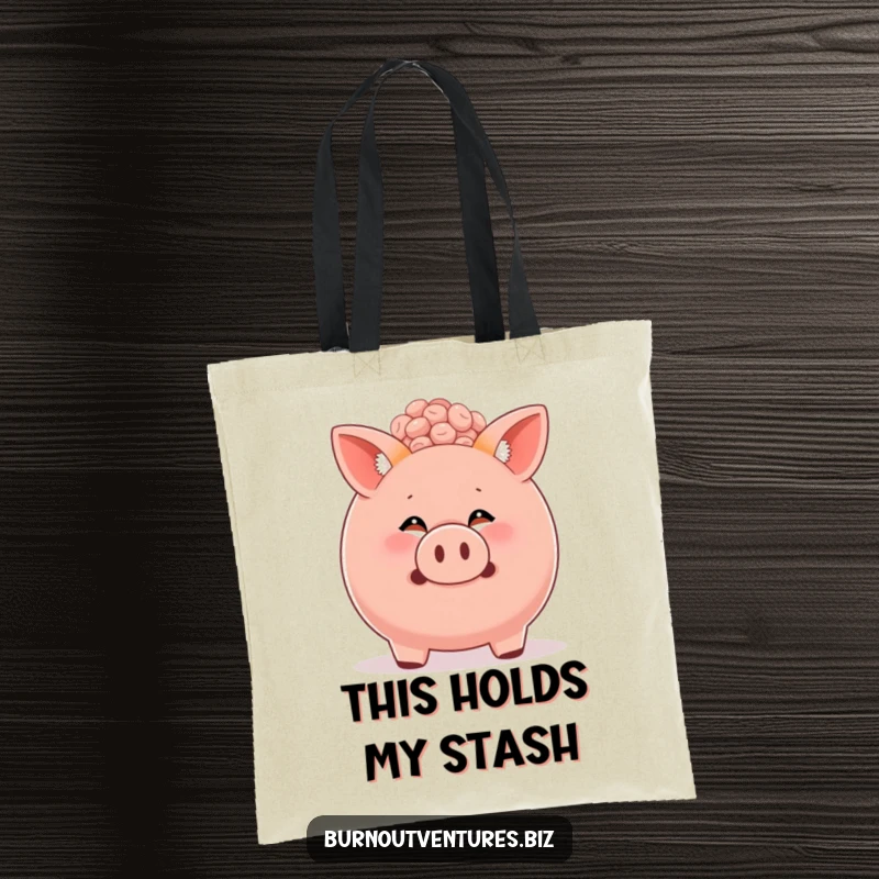 Funny fox cub peeking out of an overflowing piggy bank on a tote bag, highlighting a humorous approach to finances.
